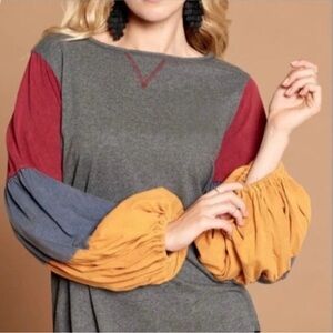 Oddy Color Block Pullover Balloon Sleeve Top Size L